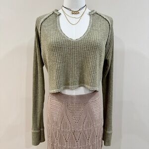 Altar’d State Khaki Green Waffle Knit Crop Top Cozy Long Sleeve Size XS